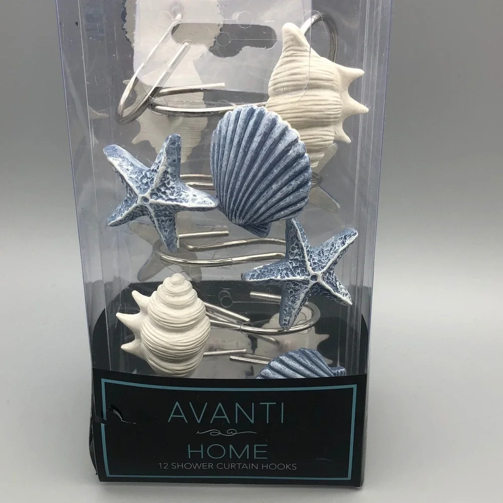 Avanti Home Abstract Coastal Shower Curtain Hooks Set of 12 Blue White‎ Beach